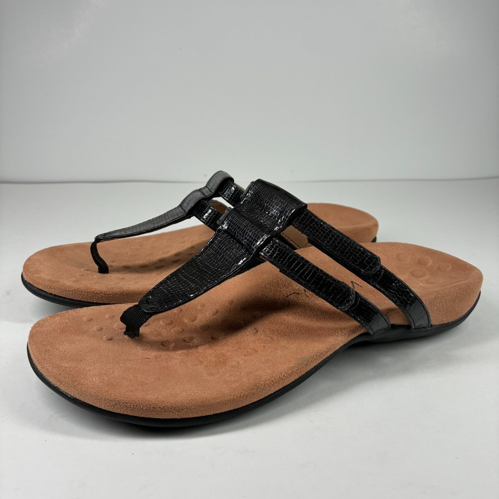 Vionic Elvia Women's US 8 Wide Black Leather Adjustable Orthotic Thong Sandals